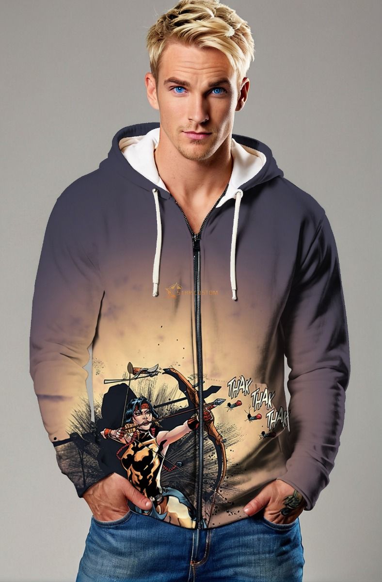 Danielle Moonstar: Bold Comic-Inspired Zip-Up Hoodie in Charcoal Gray