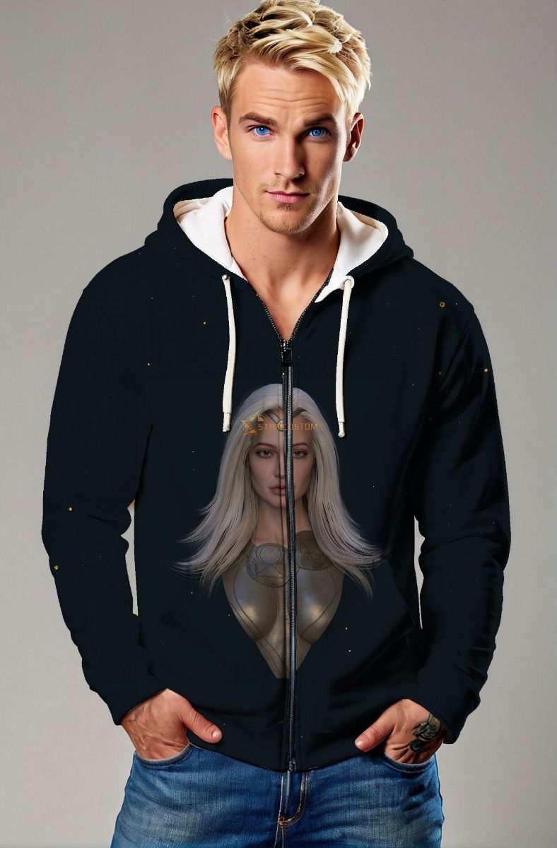 The Thena Zip-Up Hoodie in beige offers a practical design with a bold image of Thena in her