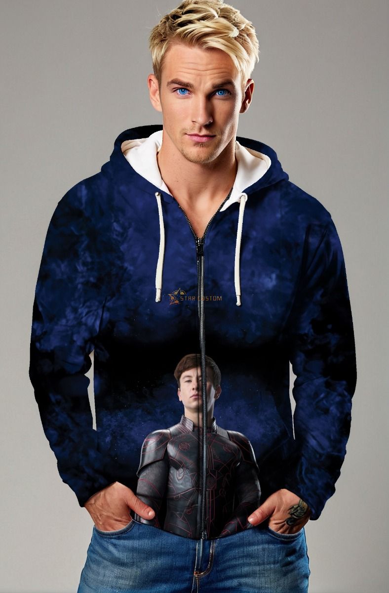 The Druig Zip-Up Hoodie in deep blue features a powerful print of Druig from the Eternals series.