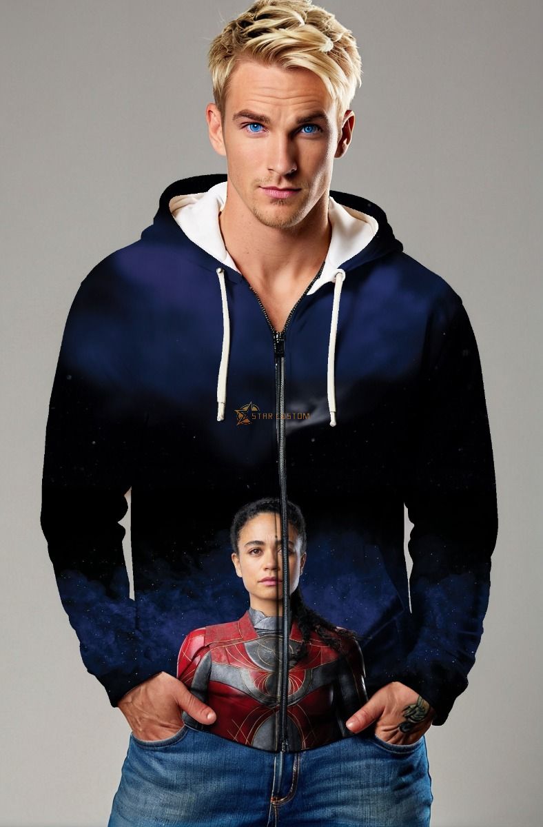 The Makkari Zip-Up Hoodie combines style, speed, and versatility, showcasing Makkari in her superhero suit.