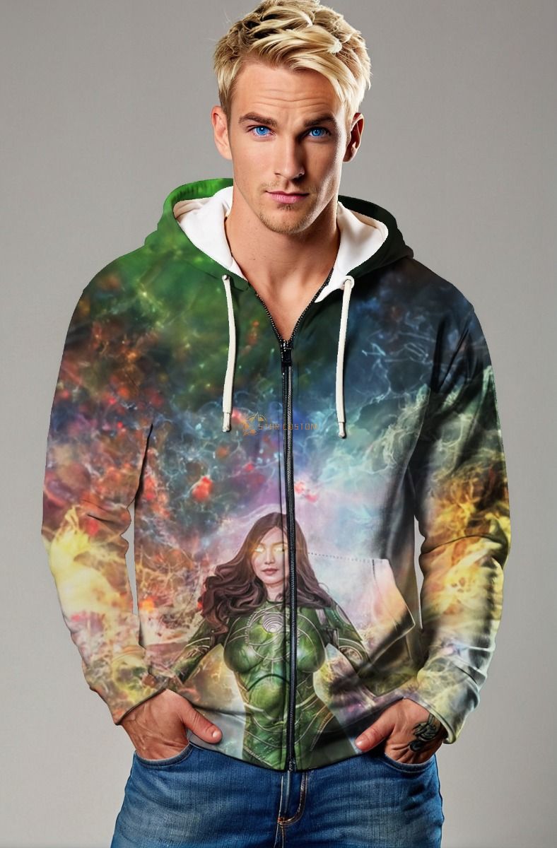 Bring the cosmic energy of Sersi with you everywhere with this zip-up hoodie