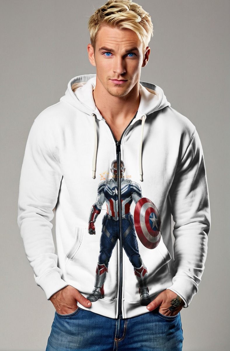 Stay stylish and heroic in the Sam Wilson / Captain America Zip-Up Hoodie