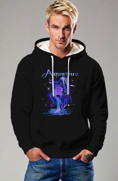 Aquarius Guardian Myth Hoodie in Neon Blue with Hand-Drawn Abstract Art and Starlit Water Pour Design Black