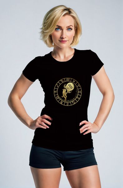 Aquarius Zodiac Wheel Black T-Shirt with Gold Symbol for Unisex