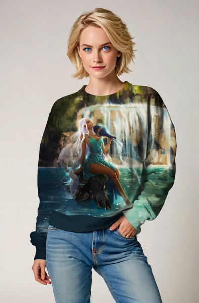 Green Aquarius Hercules Goddess Unisex Sweatshirt with Lakeside Mountain Landscape