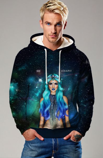 Aquarius Goddess Helen Galaxy Hoodie with Blue Ombre Hair and Symbol in Blue Sky Background