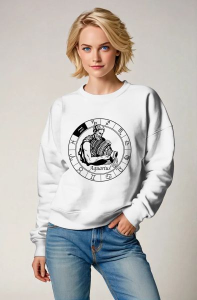 Unisex Aquarius and Uranus Guardian Zodiac Circle Sweatshirt in White
