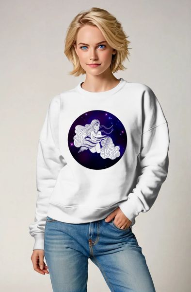 Aquarius Hercules Goddess Unisex Sweatshirt in White with Purple Starry Circle Design