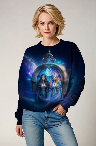 Gemini Cosmic Unity Collection: Navy Hoodie, Sweatshirt, Zip-Up, T-Shirt with Twin Faces and Vibrant Cosmic Elements-Sweatshirt