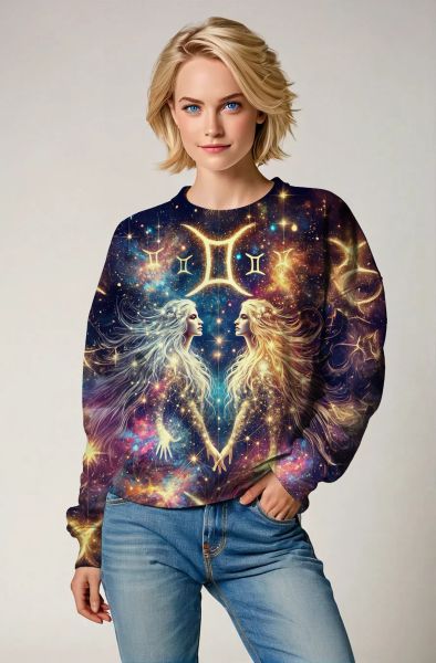 Gemini Celestial Harmony Collection: Midnight Blue Hoodie, Sweatshirt, Zip-Up, T-Shirt with Cosmic Twin Figures and Stars-Sweatshirt