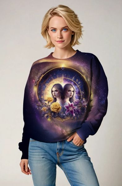 Gemini Timeless Twins Collection: Deep Purple Hoodie, Sweatshirt, Zip-Up, T-Shirt with Zodiac Clock and Twin Faces Design