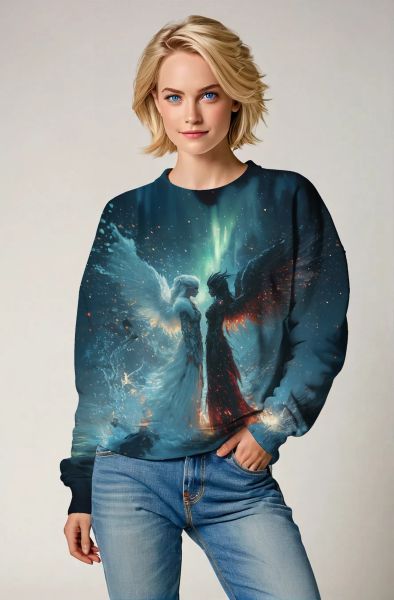Gemini Celestial Battle Collection: Dark Blue Hoodie, Sweatshirt, Zip-Up, T-Shirt with Angelic and Demonic Twin Figures-Sweatshirt