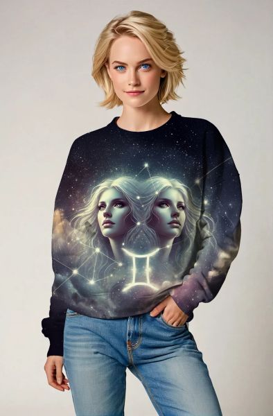 Gemini Cosmic Convergence Collection: Black Hoodie, Sweatshirt, Zip-Up, T-Shirt with Intertwined Twin Souls and Galactic Energy-Sweatshirt