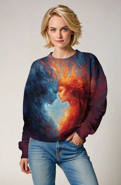 Gemini Flames of Duality Collection: Deep Purple Hoodie, Sweatshirt, Zip-Up, T-Shirt with Fiery Twin Faces Design-Sweatshirt