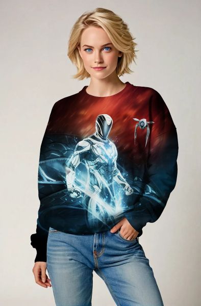 Futuristic Silver Warrior Sweatshirt – Deep Red & Black