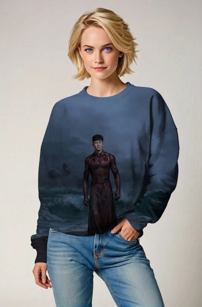 The Druig Sweatshirt in deep ocean blue showcases the powerful Eternal hero standing tall amidst the storm