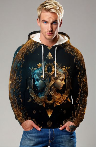 Gemini Duality Collection: Black Hoodie, Sweatshirt, Zip-Up, T-Shirt with Golden and Blue Twin Faces Design