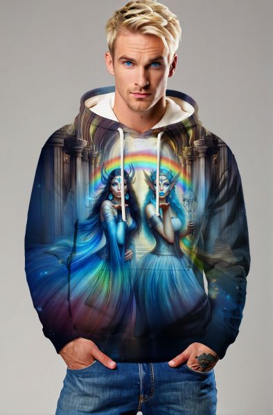 Gemini Dreamworld Collection: Dark Blue Hoodie, Sweatshirt, Zip-Up, T-Shirt with Rainbow and Mystical Twin Design