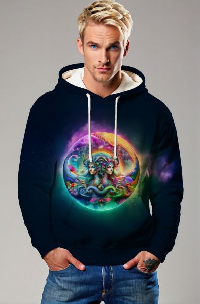 Gemini Cosmic Unity Collection: Navy Hoodie, Sweatshirt, Zip-Up, T-Shirt with Vibrant Twin Faces in Cosmic Setting