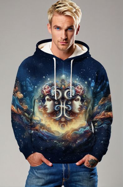 Gemini Cosmic Harmony Collection: Navy Hoodie, Sweatshirt, Zip-Up, T-Shirt with Floral Twin Faces and Starry Design