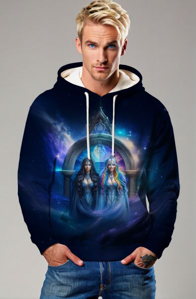 Gemini Cosmic Unity Collection: Navy Hoodie, Sweatshirt, Zip-Up, T-Shirt with Twin Faces and Vibrant Cosmic Elements