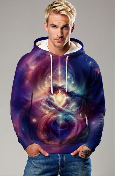 Gemini Cosmic Heart Collection: Deep Blue Hoodie, Sweatshirt, Zip-Up, T-Shirt with Galactic Twin Faces and Heart Design