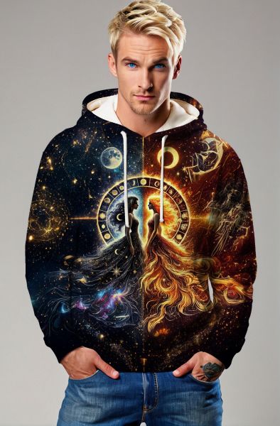 Gemini Eclipse Duality Collection: Black Hoodie, Sweatshirt, Zip-Up, T-Shirt with Celestial Twin Faces and Cosmic Balance