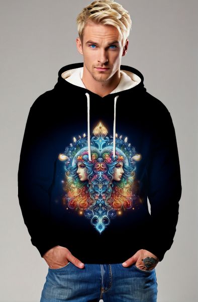 Gemini Astral Love Collection: Midnight Blue Hoodie, Sweatshirt, Zip-Up, T-Shirt with Colorful Twin Faces and Starry Flow