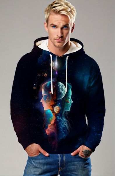 Gemini Cosmic Connection Collection: Dark Blue Hoodie, Sweatshirt, Zip-Up, T-Shirt with Galactic Twin Faces and Planets Design