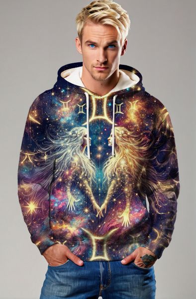 Gemini Celestial Harmony Collection: Midnight Blue Hoodie, Sweatshirt, Zip-Up, T-Shirt with Cosmic Twin Figures and Stars