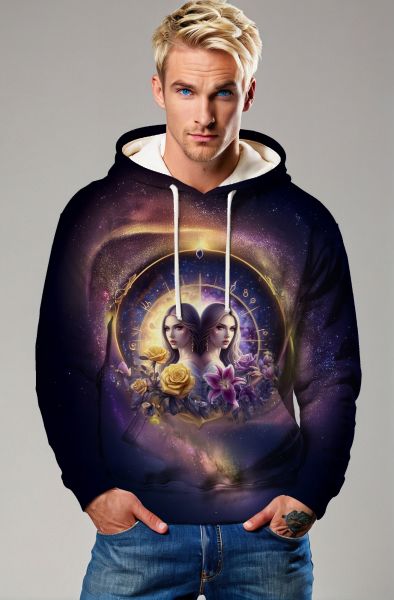 Gemini Timeless Twins Collection: Deep Purple Hoodie, Sweatshirt, Zip-Up, T-Shirt with Zodiac Clock and Twin Faces Design
