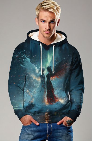 Gemini Celestial Battle Collection: Dark Blue Hoodie, Sweatshirt, Zip-Up, T-Shirt with Angelic and Demonic Twin Figures
