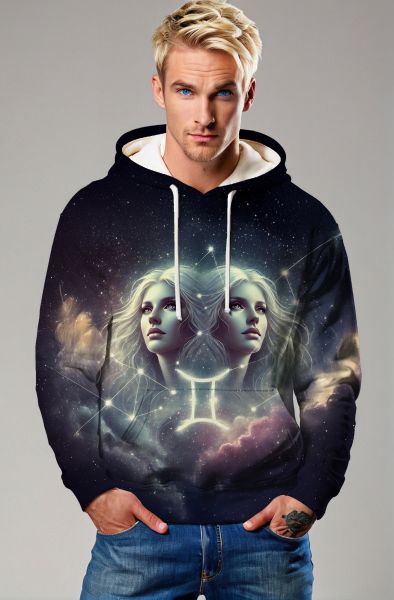 Gemini Cosmic Convergence Collection: Black Hoodie, Sweatshirt, Zip-Up, T-Shirt with Intertwined Twin Souls and Galactic Energy