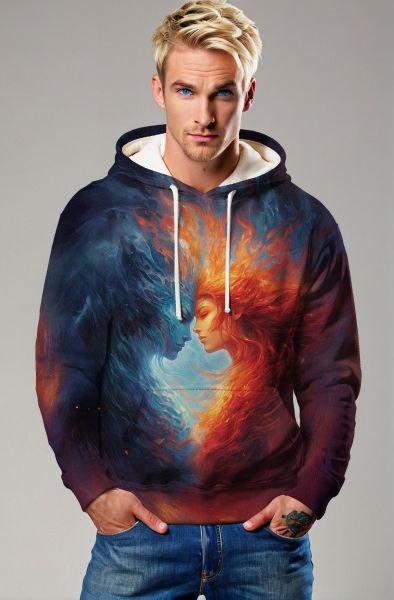 Gemini Flames of Duality Collection: Deep Purple Hoodie, Sweatshirt, Zip-Up, T-Shirt with Fiery Twin Faces Design