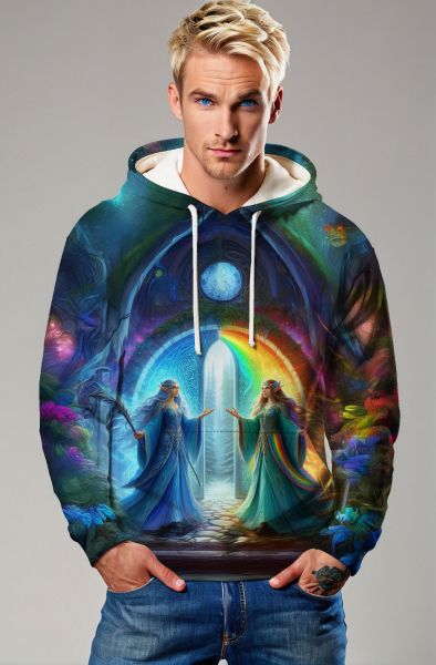 Gemini Celestial Connection Collection: Black Hoodie, Sweatshirt, Zip-Up, T-Shirt with Stellar Twin Faces and Cosmic Flow