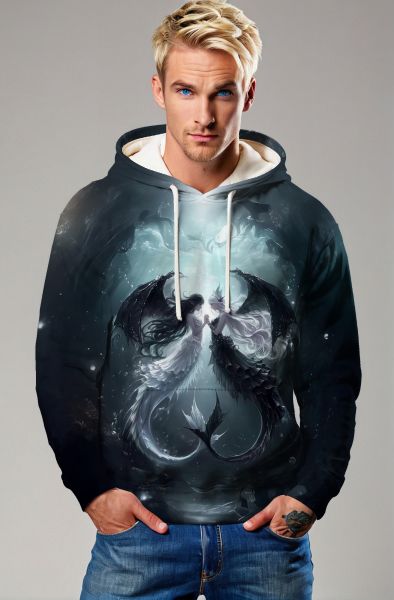 Gemini Twin Souls Collection: Black Hoodie, Sweatshirt, Zip-Up, T-Shirt with Dark and Light Angelic Twins Design