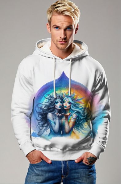 Gemini Duality of Nature Collection: White Hoodie, Sweatshirt, Zip-Up, T-Shirt with Colorful Twin Faces and Rainbow Elements