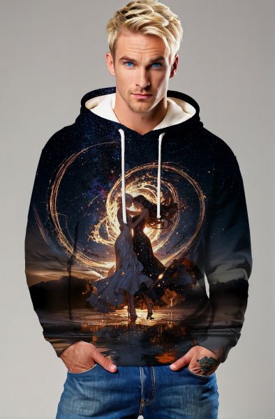 Gemini Eternal Dance Collection: Black Hoodie, Sweatshirt, Zip-Up, T-Shirt with Cosmic Twin Dance and Starry Swirl
