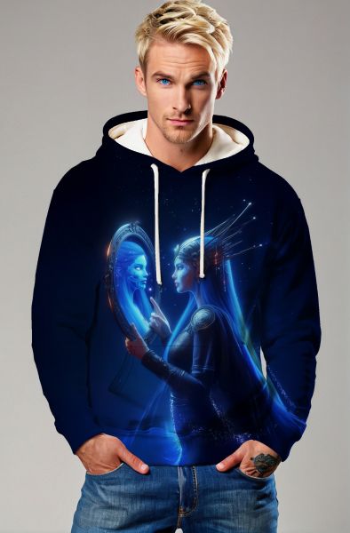 Gemini Mirror Reflections Collection: Navy Hoodie, Sweatshirt, Zip-Up, T-Shirt with Twin Faces and Mirror Effect
