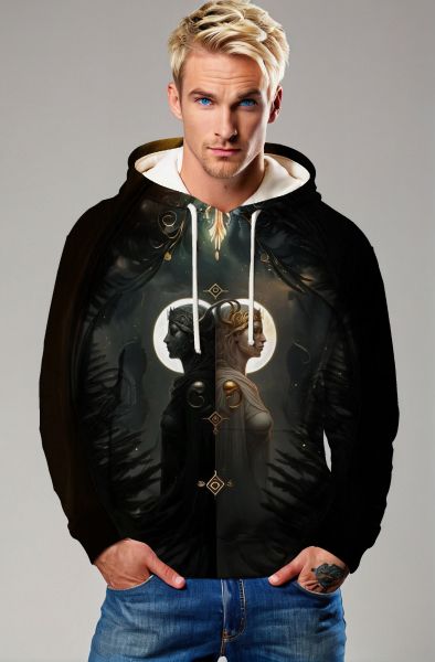 Gemini Dark and Light Balance Collection: Black Hoodie, Sweatshirt, Zip-Up, T-Shirt with Dual Nature and Cosmic Light