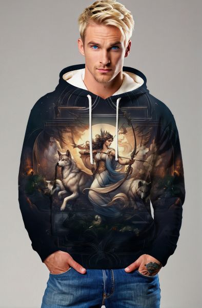 Sagittarius' Cosmic Huntress: The Lunar Wolf Hoodie, Sweatshirt, Zip-Up, T-Shirt-Hoodie