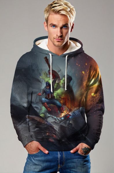 Dark Gray Avengers Battle Scene Pullover Hoodie