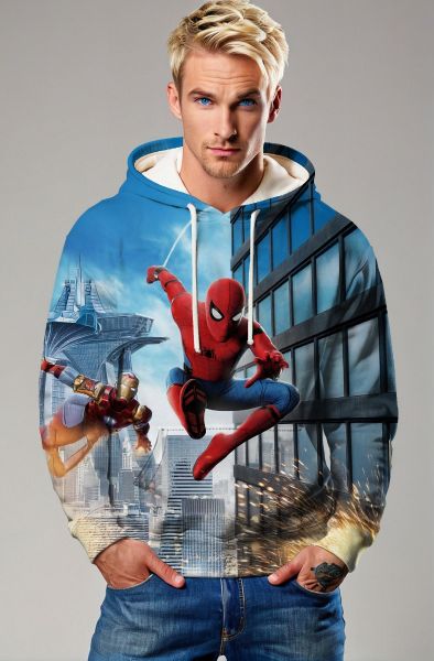 Spider‑Man & Iron Man Dynamic Graphic Hoodie – Blue