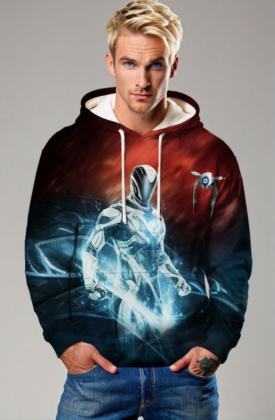  Futuristic Silver Warrior Graphic Hoodie – Deep Red & Black