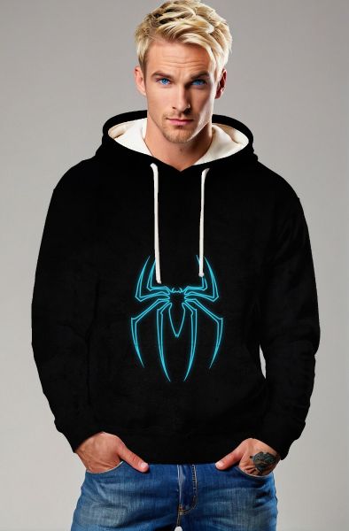 Neon Blue Spider Emblem Hoodie – Bold Black Pullover