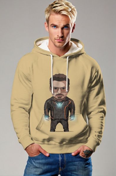 Khaki Stark Pullover Hoodie – Chibi Iron Man in Casual Suit
