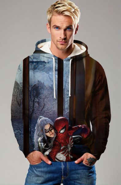 Spider-Man & Black Cat Love Scene Zip-Up Hoodie – Steel Blue & Shadow Brown