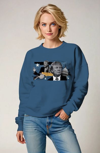 Morandi Blue Casual Cute Cartoon Trump Portrait Print Soft Loose Crewneck Sweatshirt
