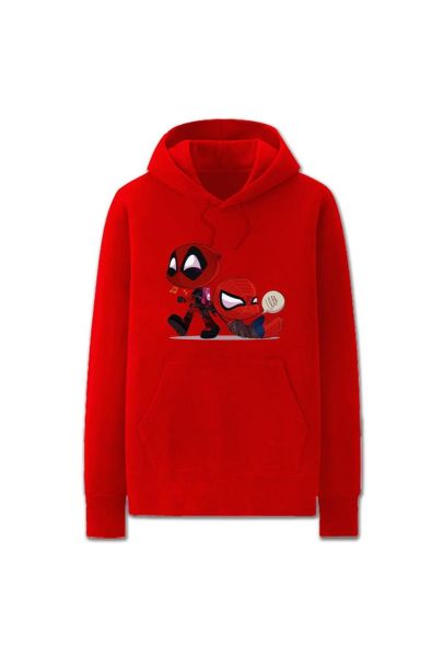 Cute Solid Color Spiderman and Deadpool Cartoon Style Funny Deadpool Cartoon Style F Hoodie Solid-Red