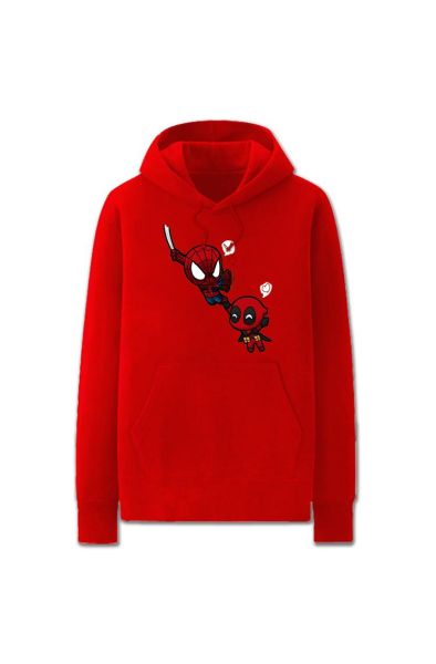 Super Funny Solid Color Hero Spiderman and Deadpool Cartoon Style Super Funny Solid Color Hoodie Solid-Red